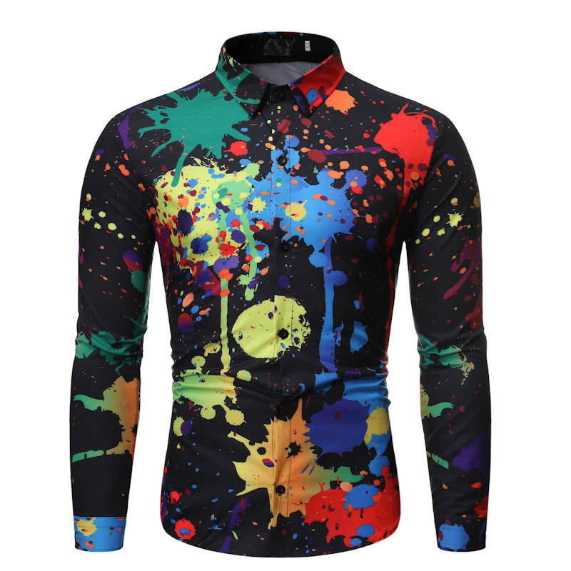 Men's Paint Splatter Graffiti 3D Print Long Sleeve Turn-Down Collar Dress Shirt