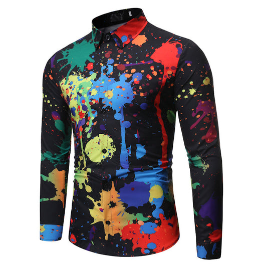 Men's Paint Splatter Graffiti 3D Print Long Sleeve Turn-Down Collar Dress Shirt