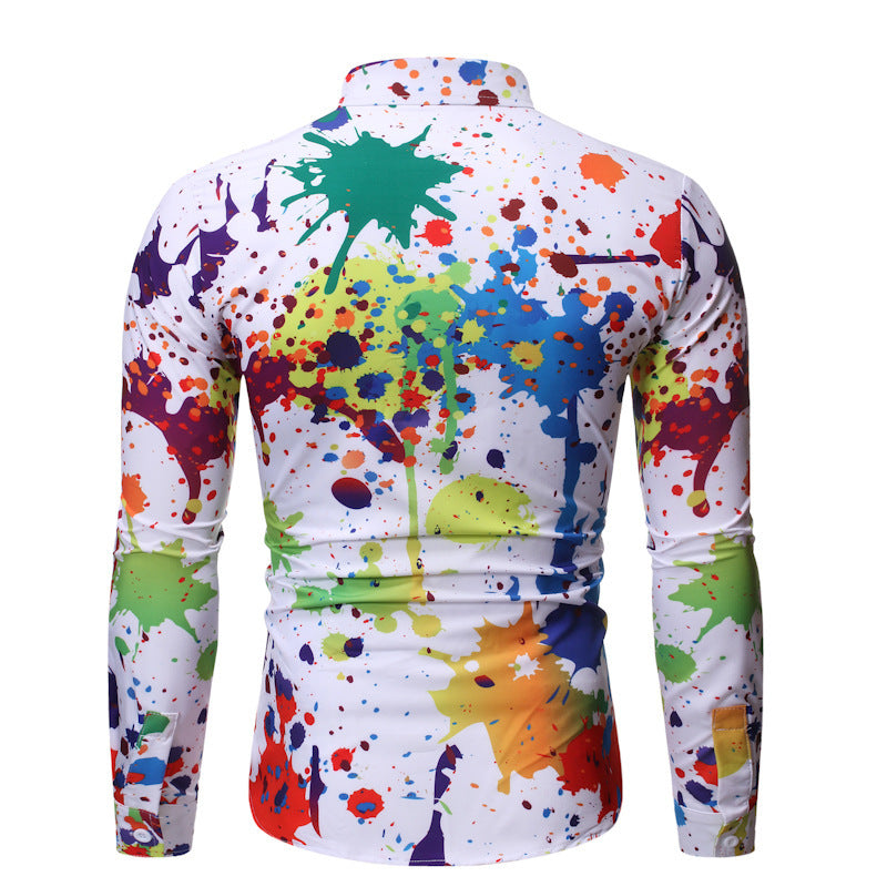 Men's Paint Splatter Graffiti 3D Print Long Sleeve Turn-Down Collar Dress Shirt