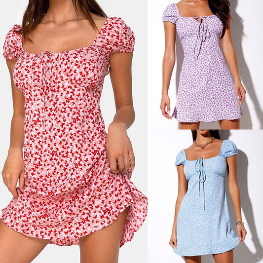 Bohemian Polka Dot Print Bowknot Design Short Sleeve Bodycon Mini Sundress