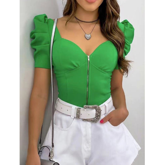 Puff Sleeve Camisole V-Neck Zipper Front Short Sleeve Blouse