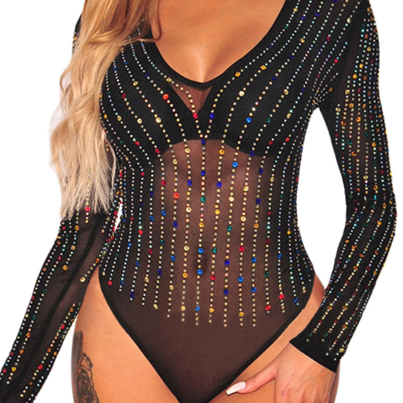 Black Crystal Sheer Women's Transparent Mesh Rainbow Color Embellished V-Neck Long Sleeve Bodysuit