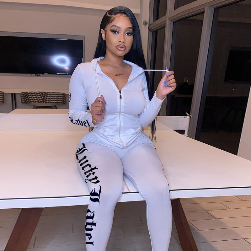 "Lucky Label" Letter Print Women's Zipper Hoodie Sports Jacket + Skinny Sweatpants Tracksuit