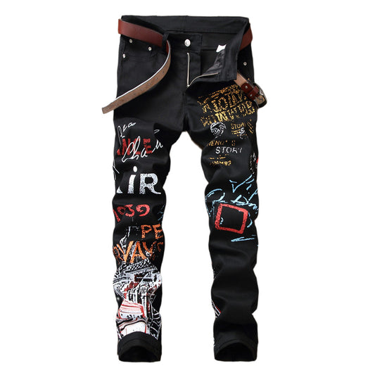 Men's Ruched Airbrush Graffiti Print Punk Hip-Hop Skinny Jeans