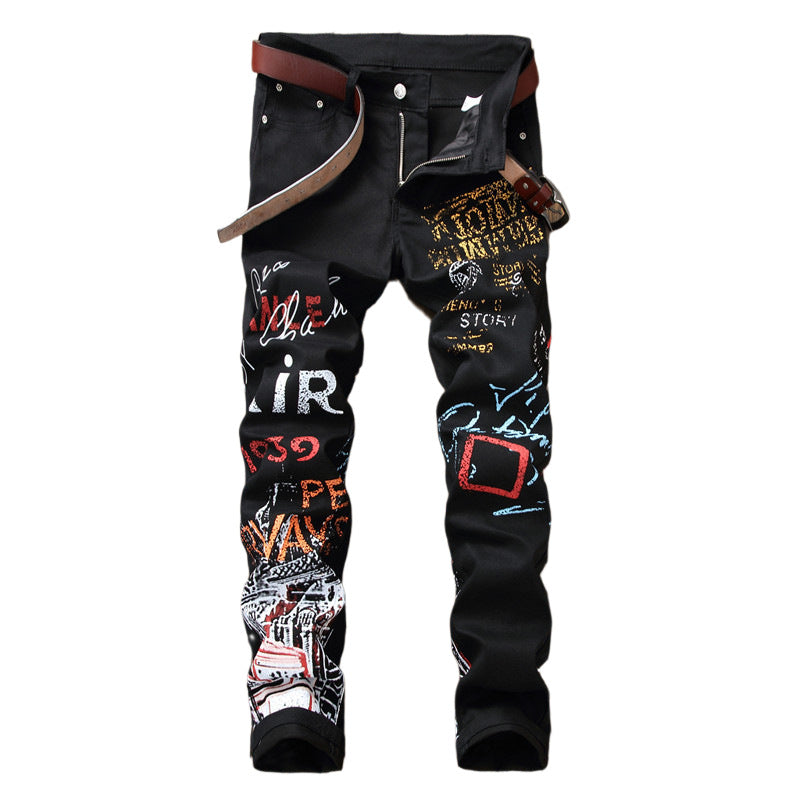 Men's Ruched Airbrush Graffiti Print Punk Hip-Hop Skinny Jeans