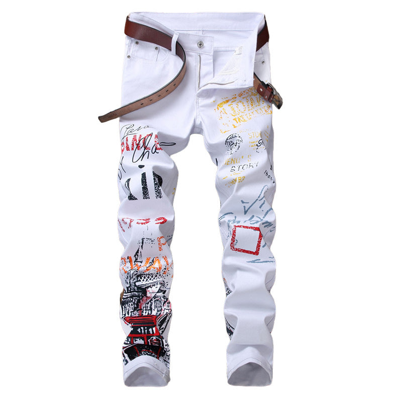 Men's Ruched Airbrush Graffiti Print Punk Hip-Hop Skinny Jeans