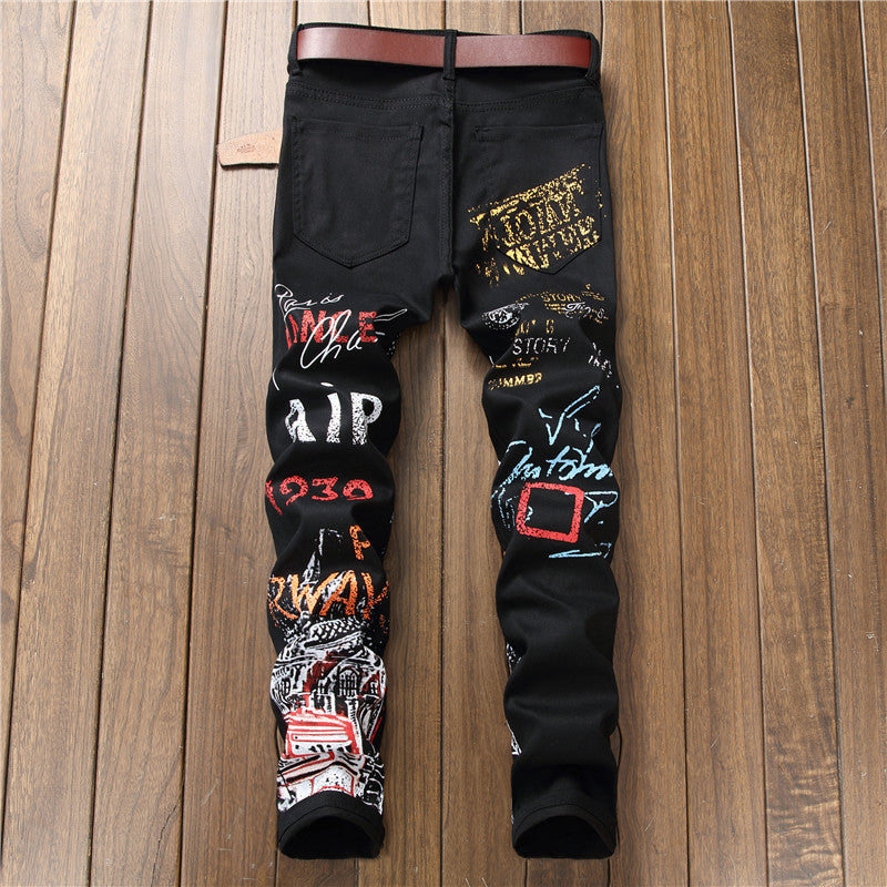 Men's Ruched Airbrush Graffiti Print Punk Hip-Hop Skinny Jeans