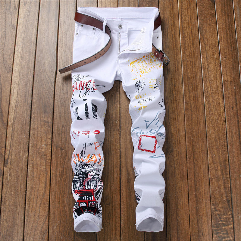 Men's Ruched Airbrush Graffiti Print Punk Hip-Hop Skinny Jeans