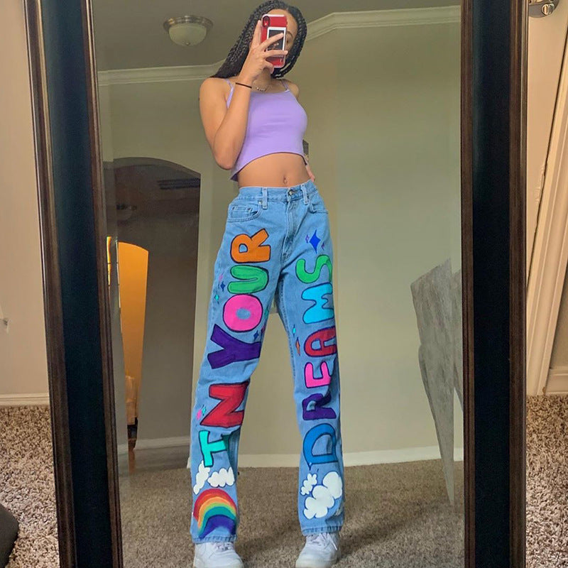 Rainbow Colorblock Graffiti Letter Print Hip-Hop Streetwear Women's Jeans