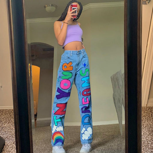 Rainbow Colorblock Graffiti Letter Print Hip-Hop Streetwear Women's Jeans