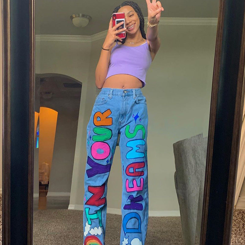 Rainbow Colorblock Graffiti Letter Print Hip-Hop Streetwear Women's Jeans