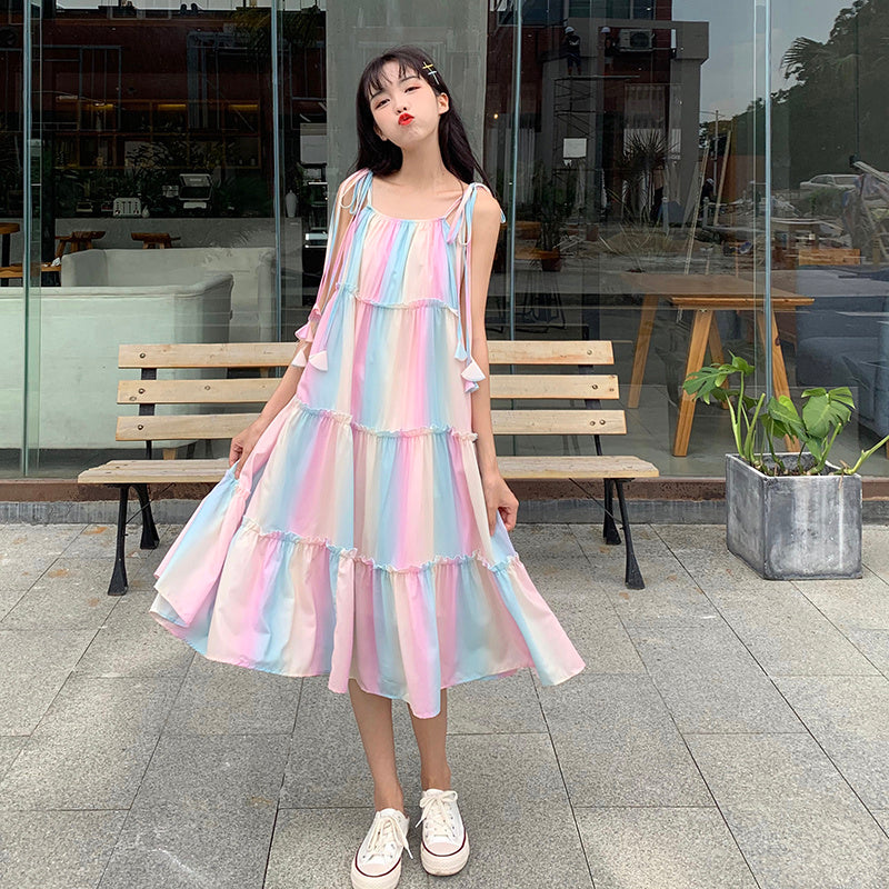 Rainbow Pastel Sleeveless Striped Suspender Midi Sundress Dress