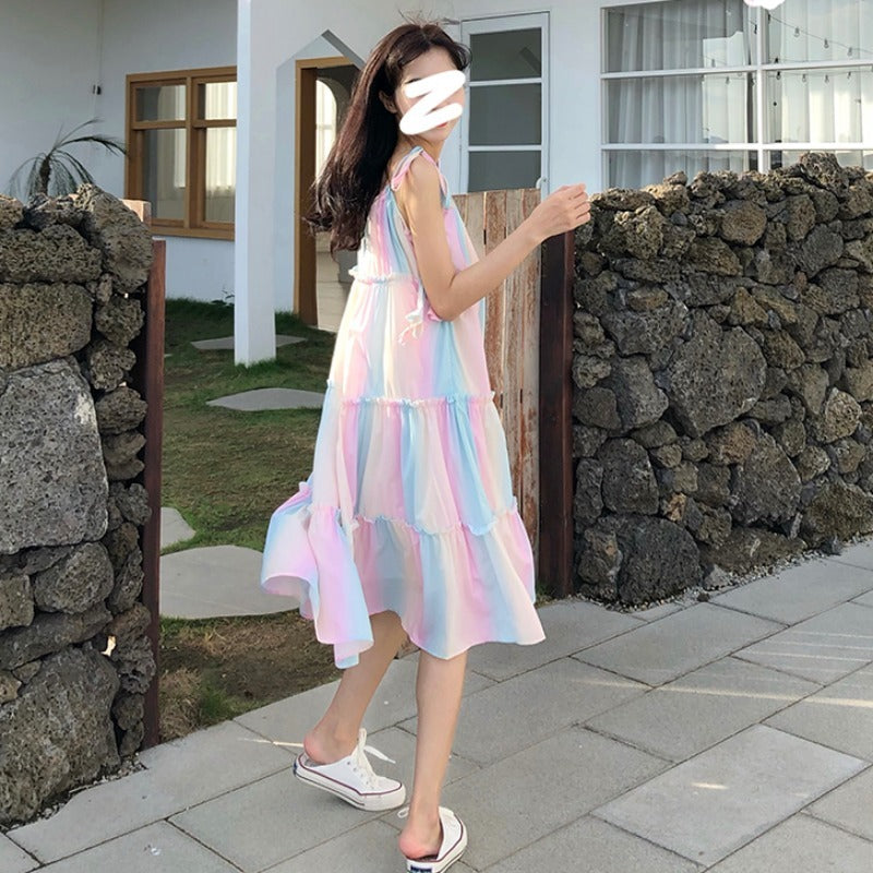 Rainbow Pastel Sleeveless Striped Suspender Midi Sundress Dress