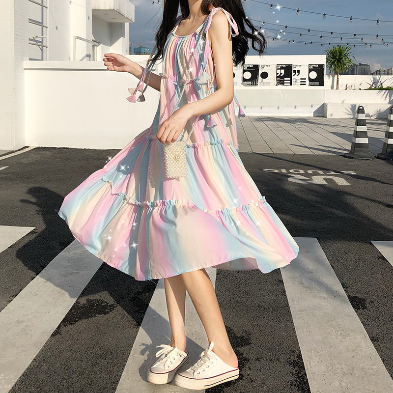 Rainbow Pastel Sleeveless Striped Suspender Midi Sundress Dress