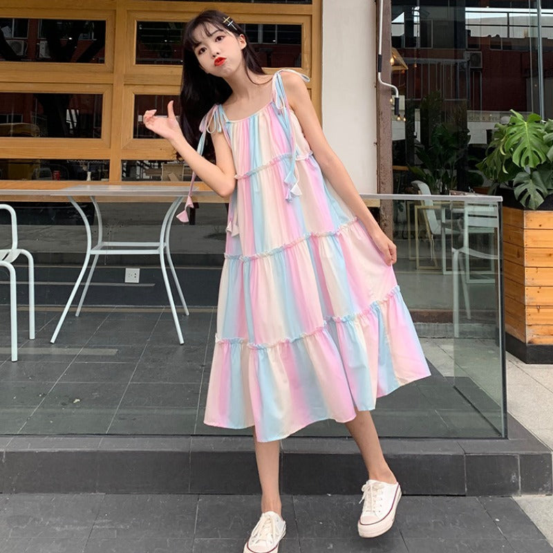 Rainbow Pastel Sleeveless Striped Suspender Midi Sundress Dress