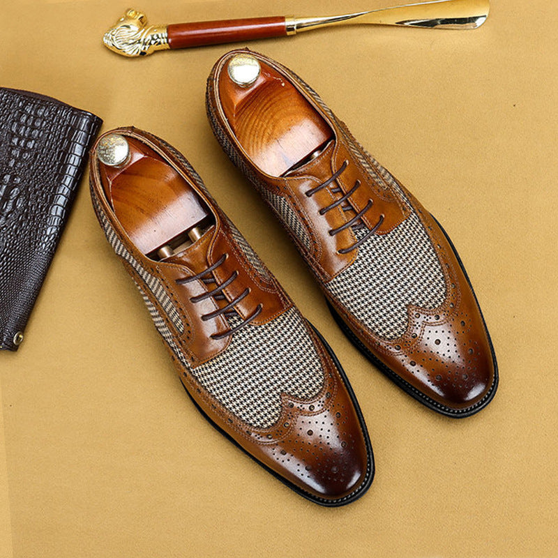Men's Vintage Colorblock Plaid Houndstooth Denim Leather Lace-Up Dress Shoes