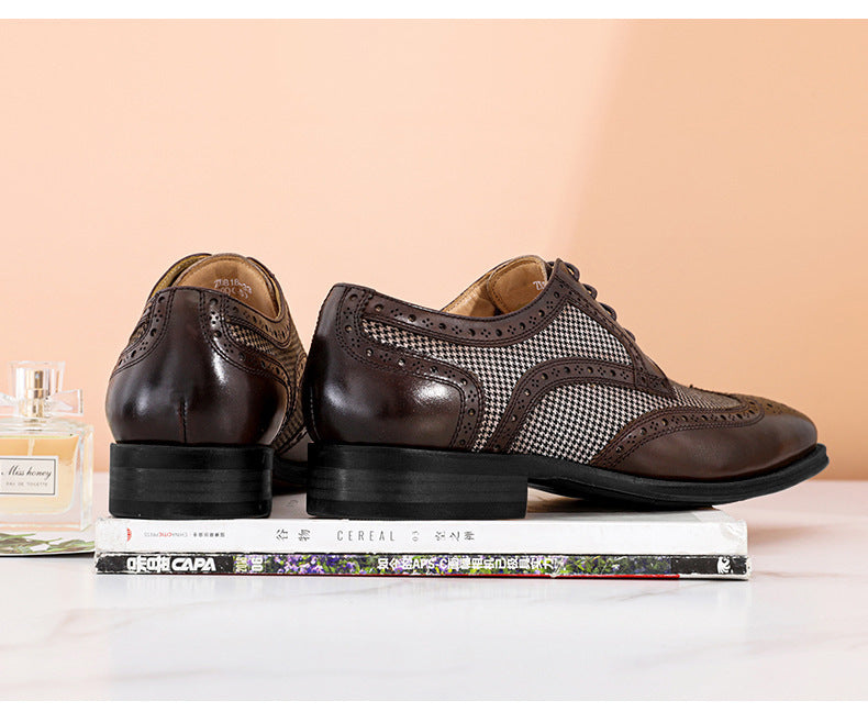 Men's Vintage Colorblock Plaid Houndstooth Denim Leather Lace-Up Dress Shoes