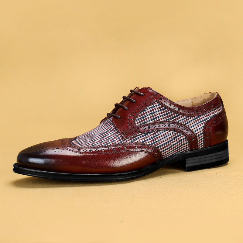 Men's Vintage Colorblock Plaid Houndstooth Denim Leather Lace-Up Dress Shoes