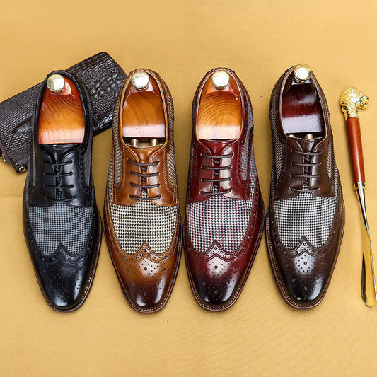 Men's Vintage Colorblock Plaid Houndstooth Denim Leather Lace-Up Dress Shoes