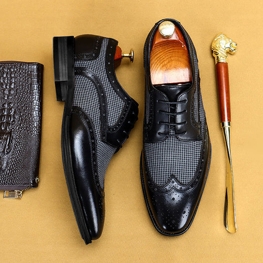 Men's Vintage Colorblock Plaid Houndstooth Denim Leather Lace-Up Dress Shoes