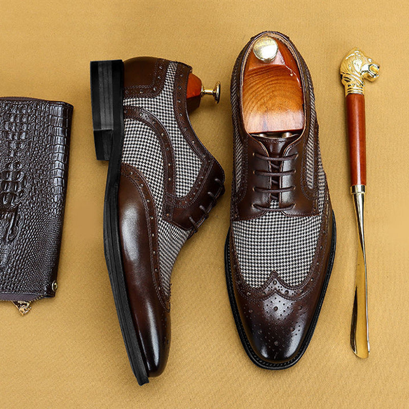 Men's Vintage Colorblock Plaid Houndstooth Denim Leather Lace-Up Dress Shoes