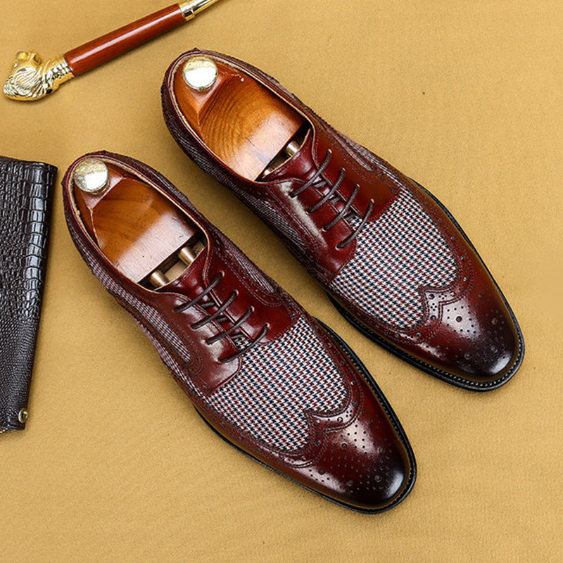 Men's Vintage Colorblock Plaid Houndstooth Denim Leather Lace-Up Dress Shoes