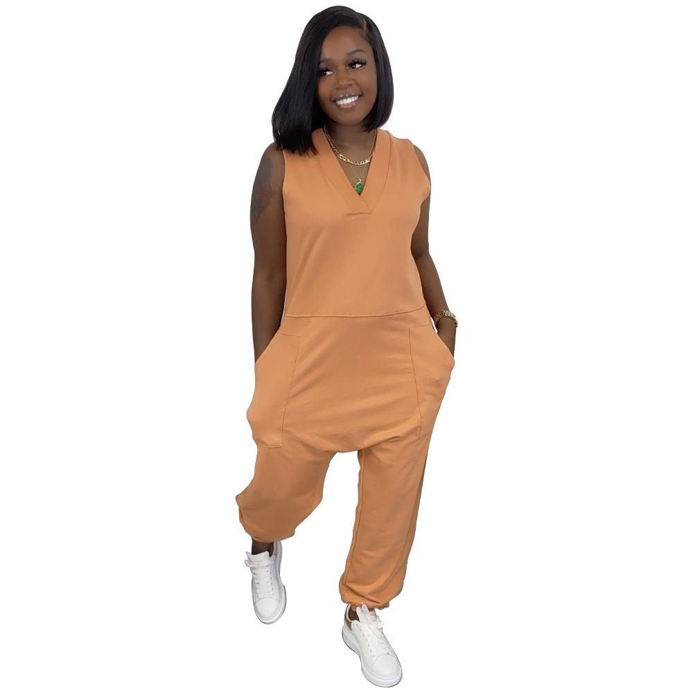 Sleeveless Solid Color V-Neck Women's Casual Streetwear Harem Pants Jumpsuit to 5X Plus Size