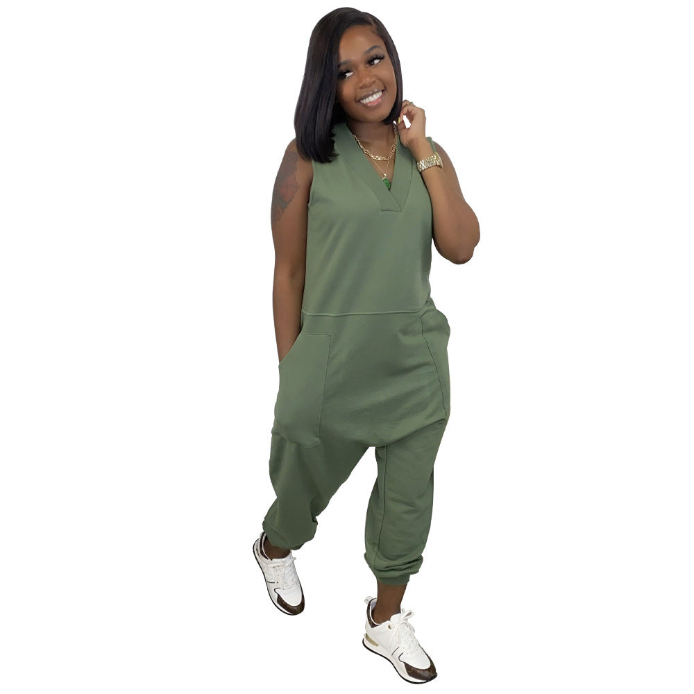 Sleeveless Solid Color V-Neck Women's Casual Streetwear Harem Pants Jumpsuit to 5X Plus Size