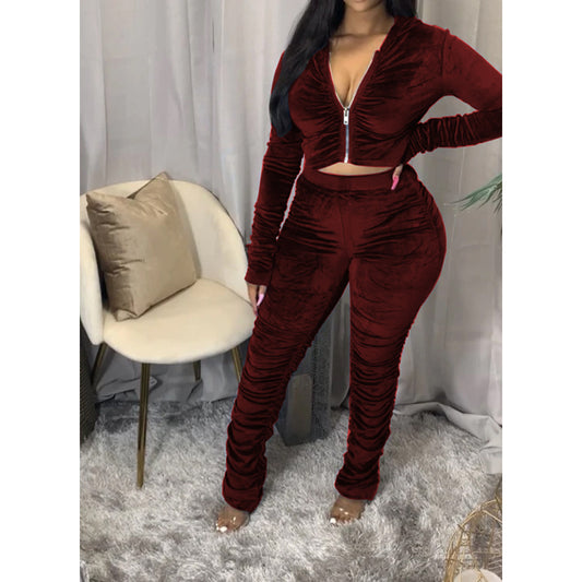 Ruched Long Sleeve Women's Cropped Zipper Jacket + Stacked Sweatpants Tracksuit to 3X Plus Size