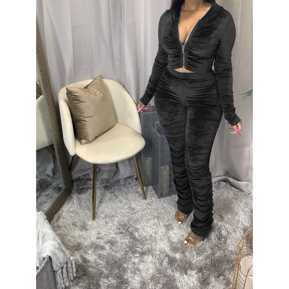 Ruched Long Sleeve Women's Cropped Zipper Jacket + Stacked Sweatpants Tracksuit to 3X Plus Size