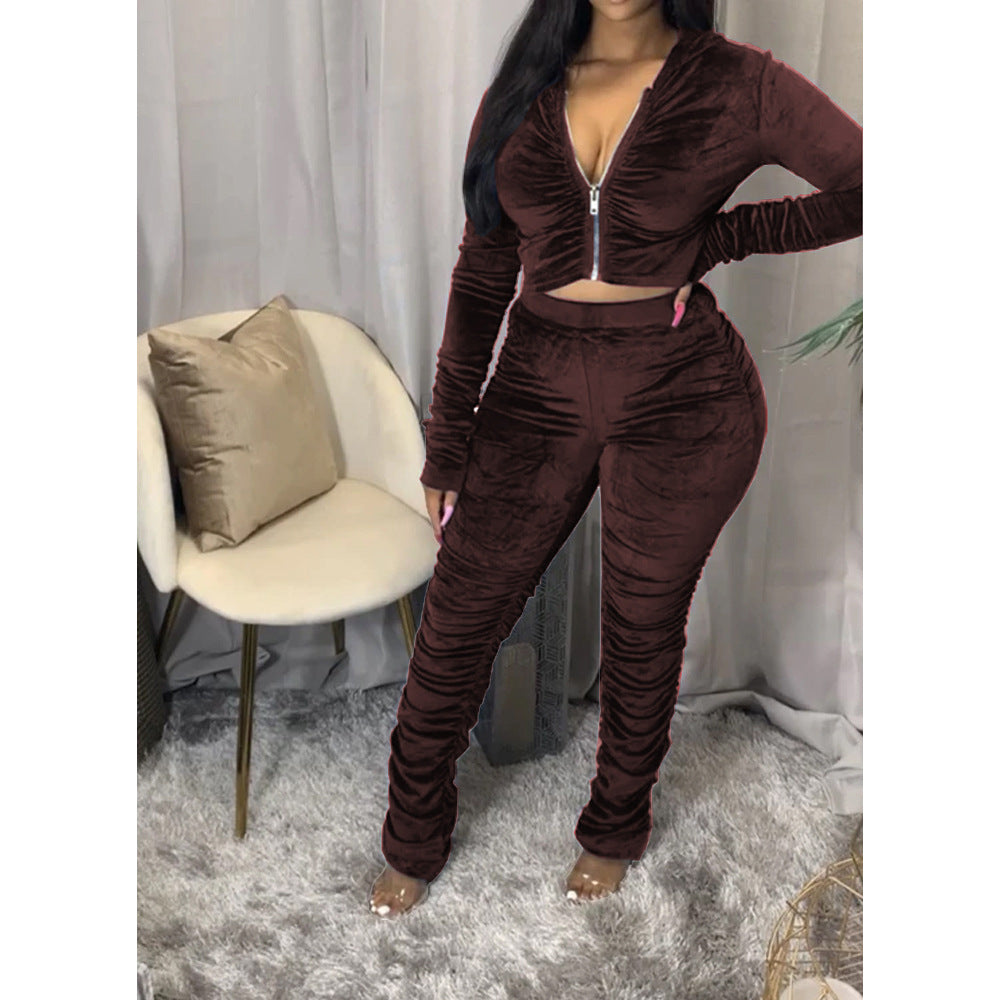Ruched Long Sleeve Women's Cropped Zipper Jacket + Stacked Sweatpants Tracksuit to 3X Plus Size