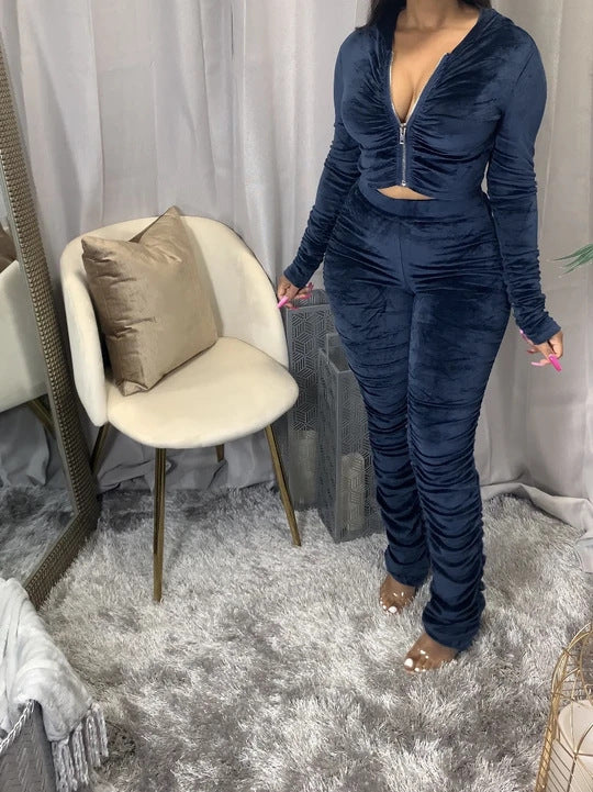 Ruched Long Sleeve Women's Cropped Zipper Jacket + Stacked Sweatpants Tracksuit to 3X Plus Size