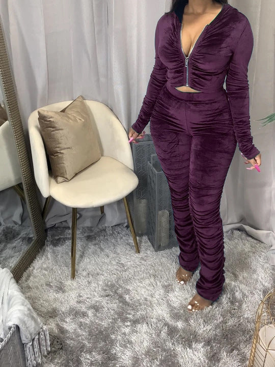 Ruched Long Sleeve Women's Cropped Zipper Jacket + Stacked Sweatpants Tracksuit to 3X Plus Size