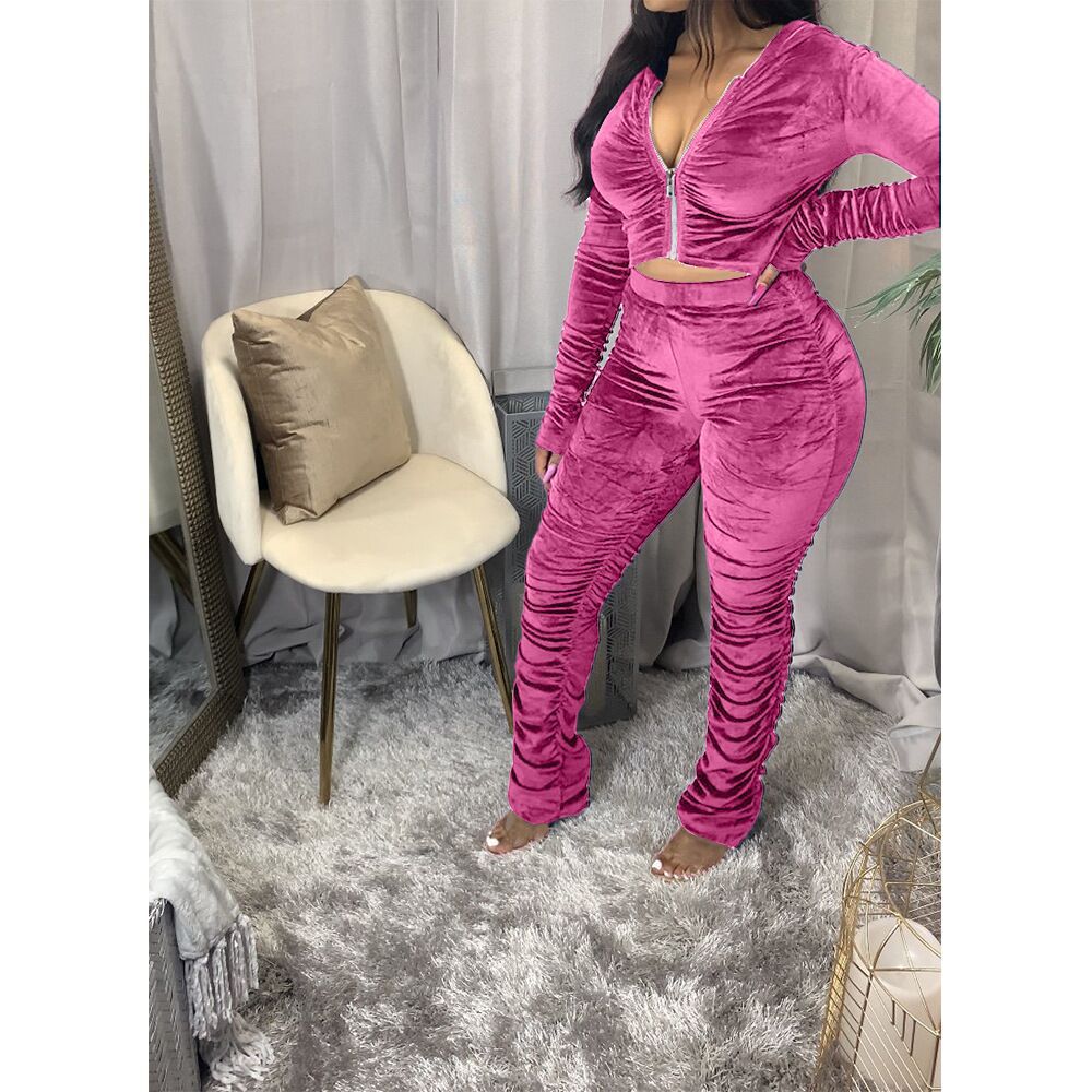 Ruched Long Sleeve Women's Cropped Zipper Jacket + Stacked Sweatpants Tracksuit to 3X Plus Size