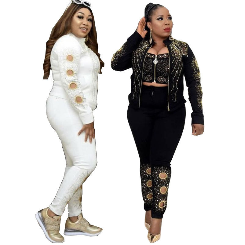 Denim Hot Rhinestone Beaded Embroidered Long Sleeve Jacket + Tube Top + Trouser Jeans Women's 3-Piece Set