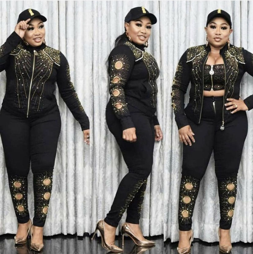 Denim Hot Rhinestone Beaded Embroidered Long Sleeve Jacket + Tube Top + Trouser Jeans Women's 3-Piece Set