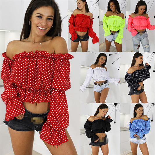 Ruffled Off-the-Shoulder Polka Dot/Solid Color Print Women's Ruched Long Sleeve Blouse