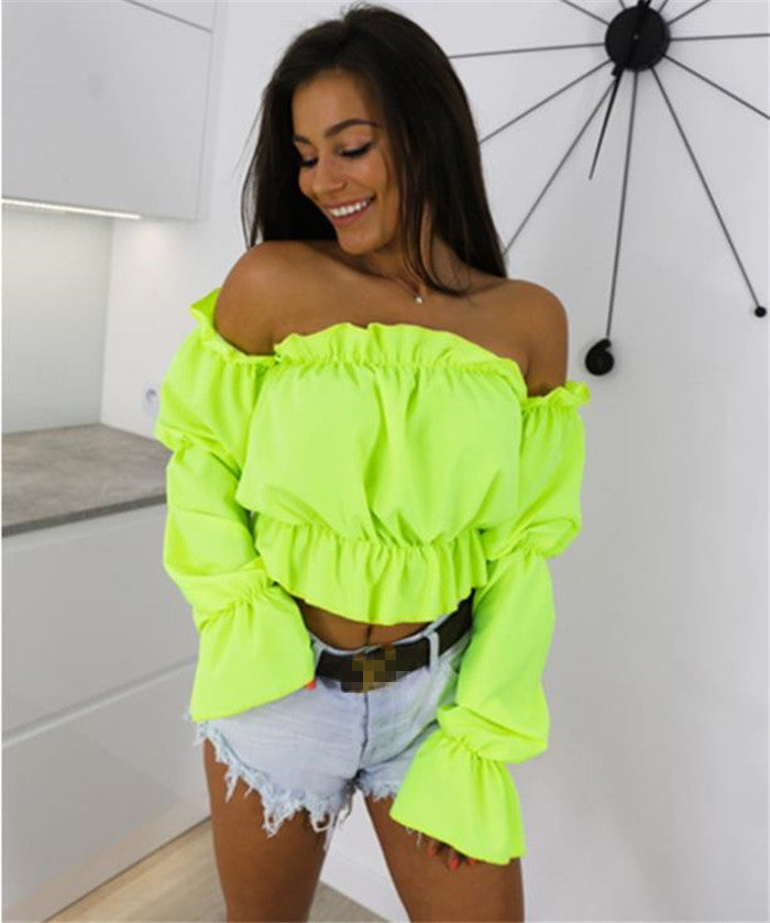 Ruffled Off-the-Shoulder Polka Dot/Solid Color Print Women's Ruched Long Sleeve Blouse