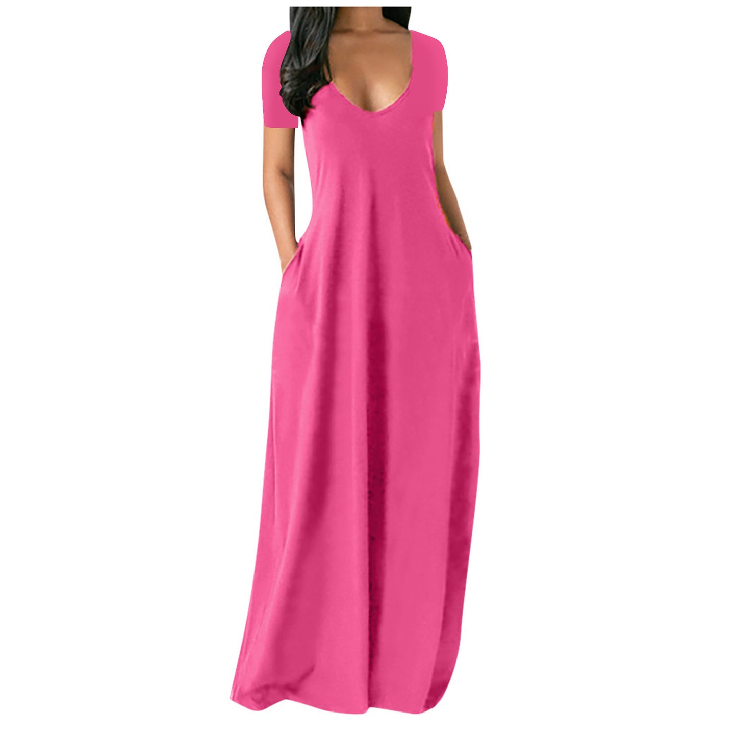 Oversized Solid Color Deep V-Neck Short Sleeve Maxi Harem Dress to 5X Plus Size