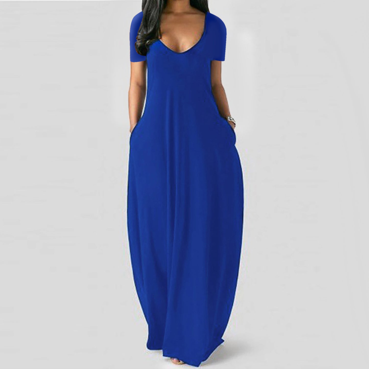 Oversized Solid Color Deep V-Neck Short Sleeve Maxi Harem Dress to 5X Plus Size