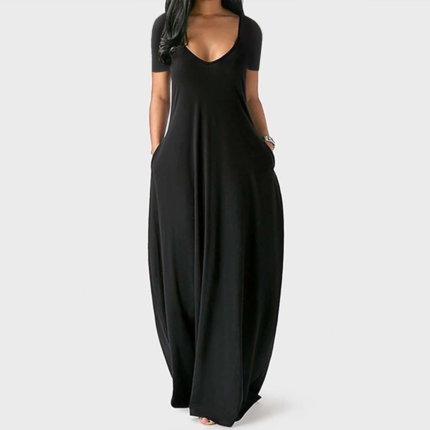 Oversized Solid Color Deep V-Neck Short Sleeve Maxi Harem Dress to 5X Plus Size