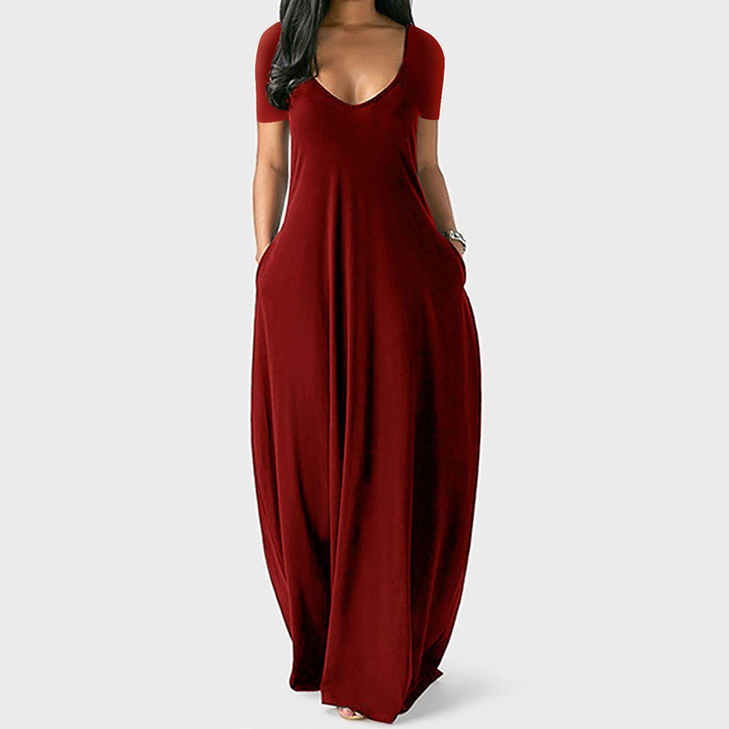 Oversized Solid Color Deep V-Neck Short Sleeve Maxi Harem Dress to 5X Plus Size