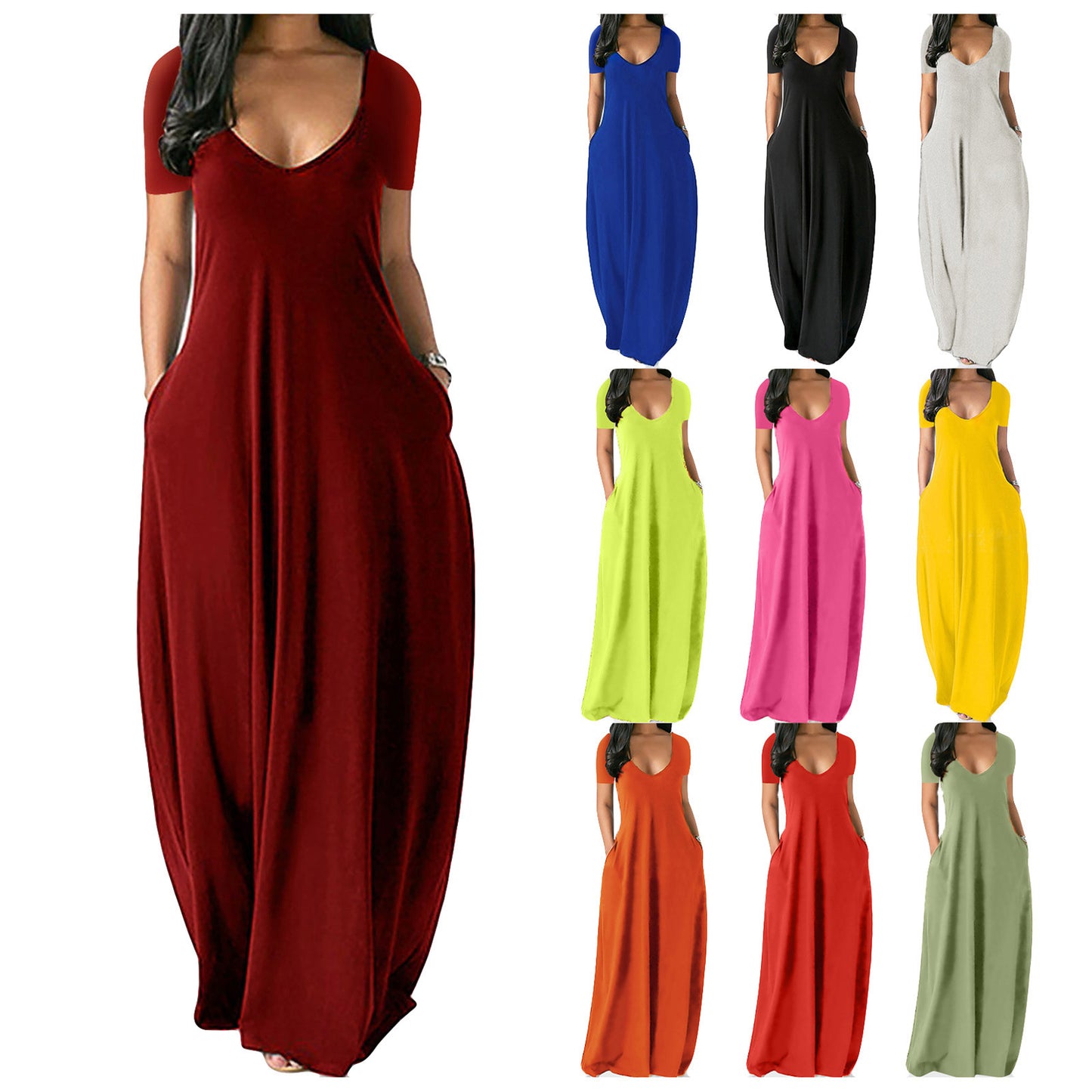 Oversized Solid Color Deep V-Neck Short Sleeve Maxi Harem Dress to 5X Plus Size