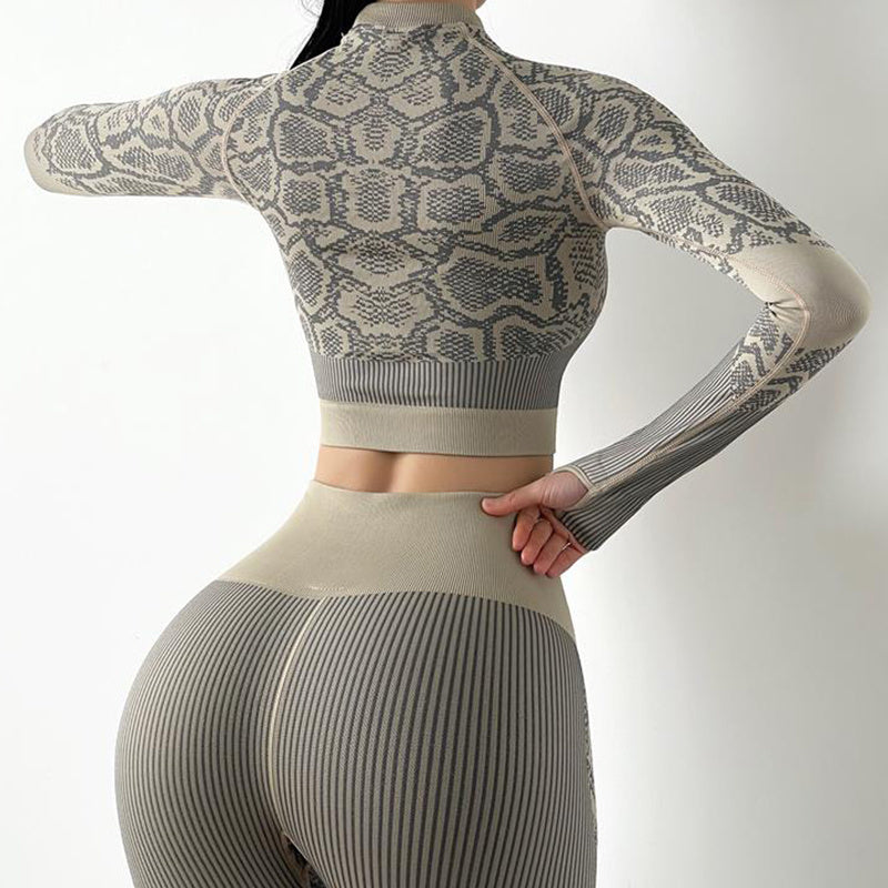 Leopard Colorblock Print Seamless Knitted Long Sleeve Crop Top + Leggings Women's Yoga Workout 2-Piece Set