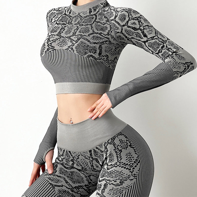 Leopard Colorblock Print Seamless Knitted Long Sleeve Crop Top + Leggings Women's Yoga Workout 2-Piece Set