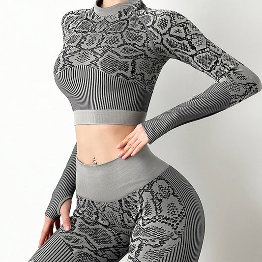 Leopard Colorblock Print Seamless Knitted Long Sleeve Crop Top + Leggings Women's Yoga Workout 2-Piece Set