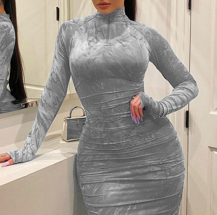 Tie-Dye Print Ruched Turtleneck Long Sleeve Skinny Bodycon Dress to 5X Plus Size