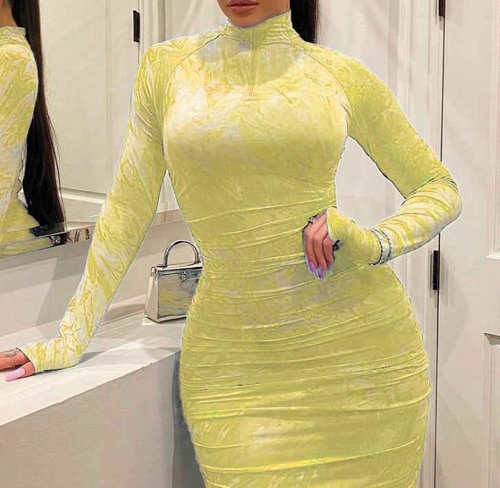 Tie-Dye Print Ruched Turtleneck Long Sleeve Skinny Bodycon Dress to 5X Plus Size
