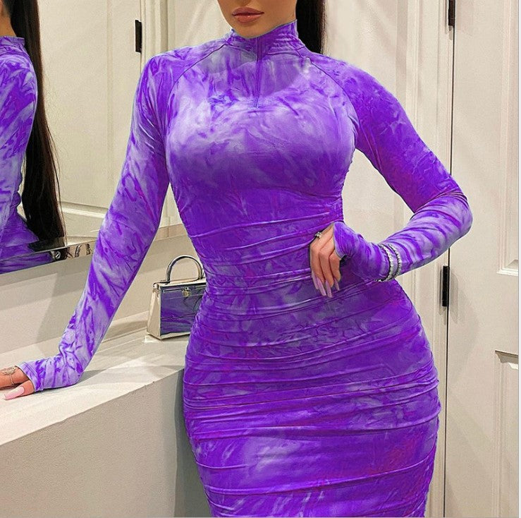 Tie-Dye Print Ruched Turtleneck Long Sleeve Skinny Bodycon Dress to 5X Plus Size