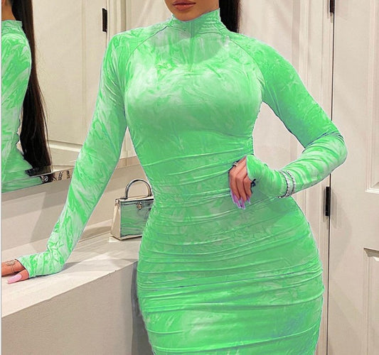 Ruched Tie-Dye Print Round Neck Long Sleeve Skinny Bodycon Dress to 5X Plus Size